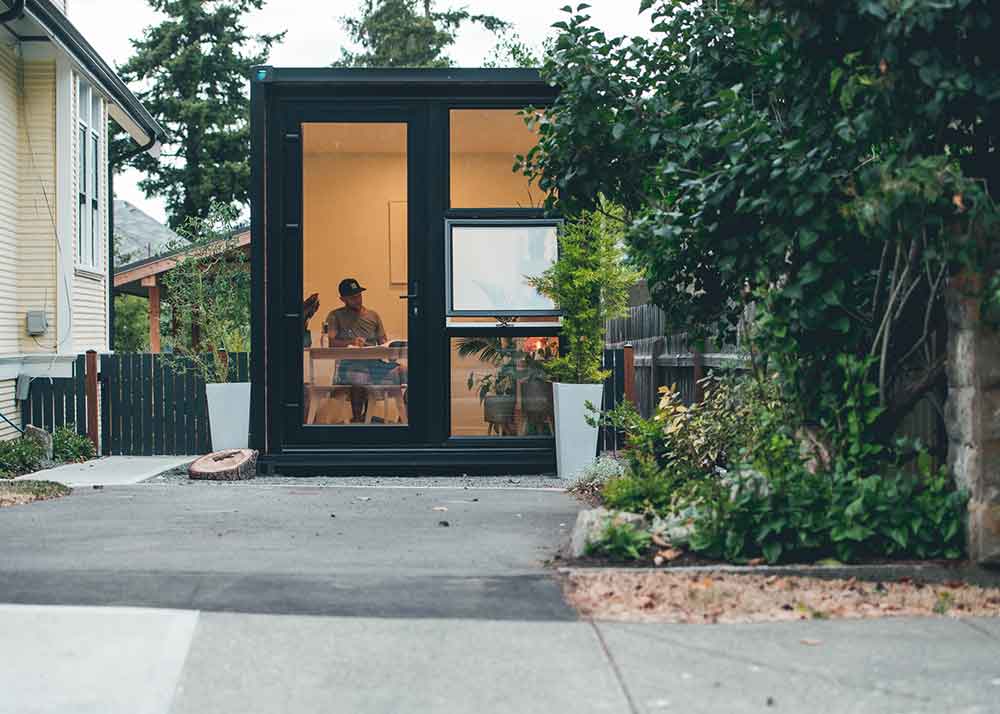 remote work from home in a backyard office pod